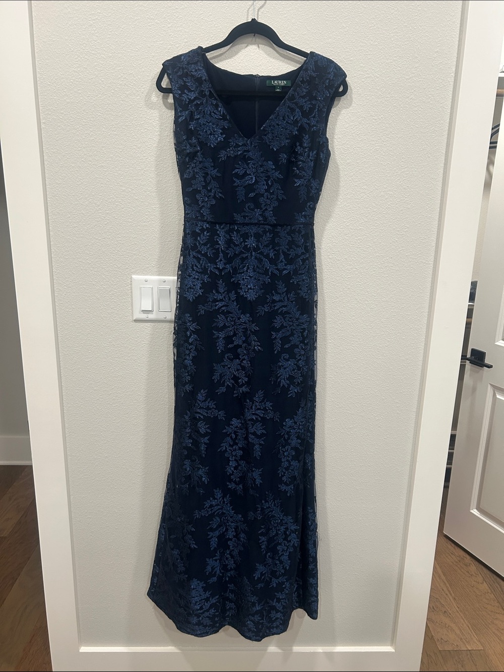 Lauren Ralph Lauren Navy Floral Lace V-Neck Maxi Gown